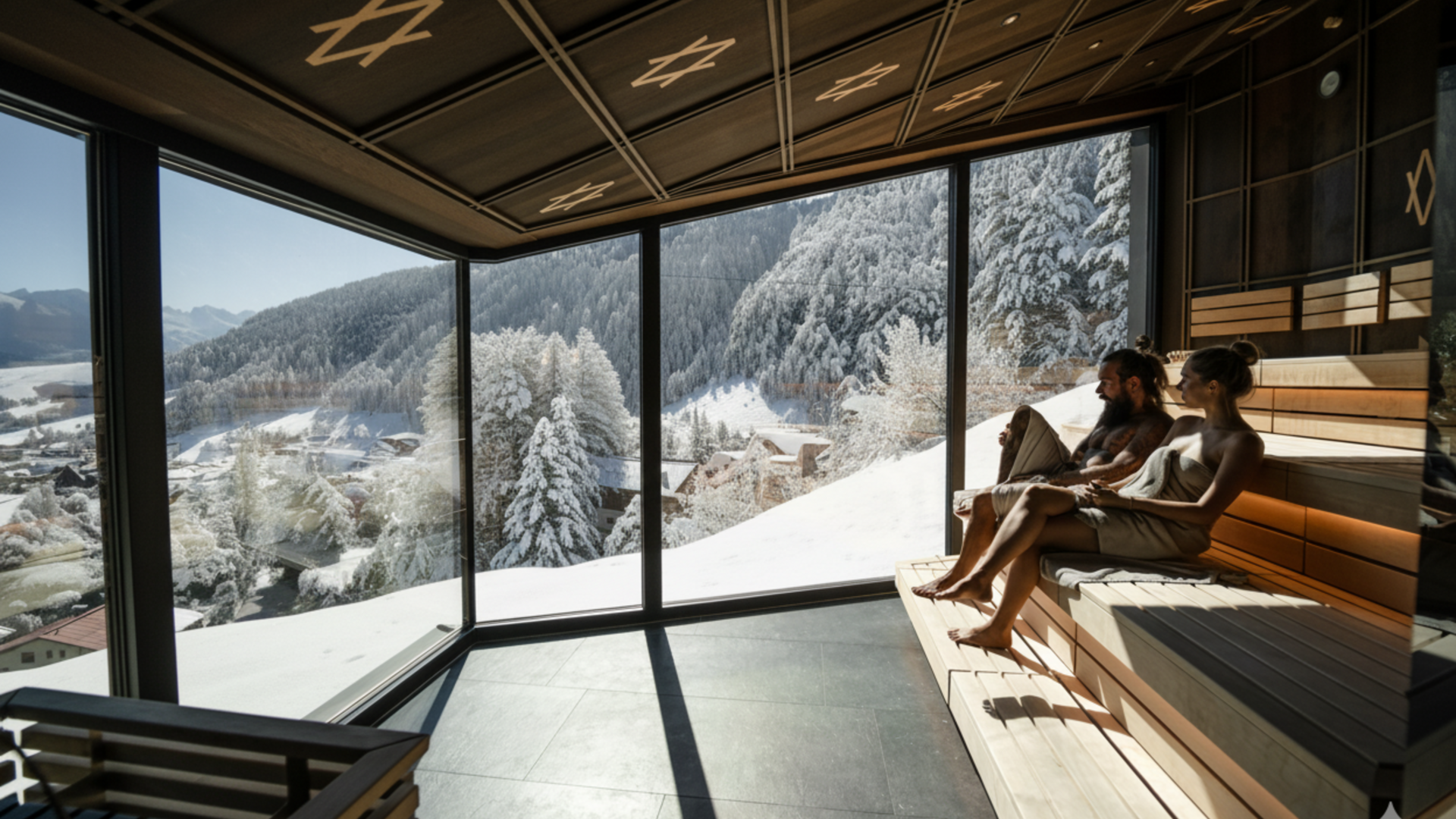 Reine Urlaubsfreude in Ihrem Hotel in St. Anton Zwei Personen entspannen in einer Sauna mit Blick auf verschneite Berge